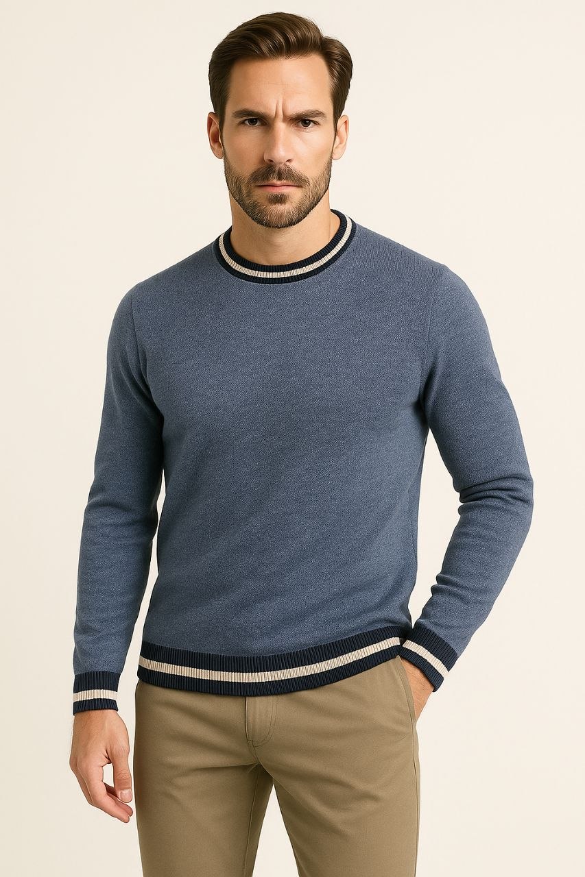 Indigo crewneck trimmed sweater in indigo | Flamingo Fits