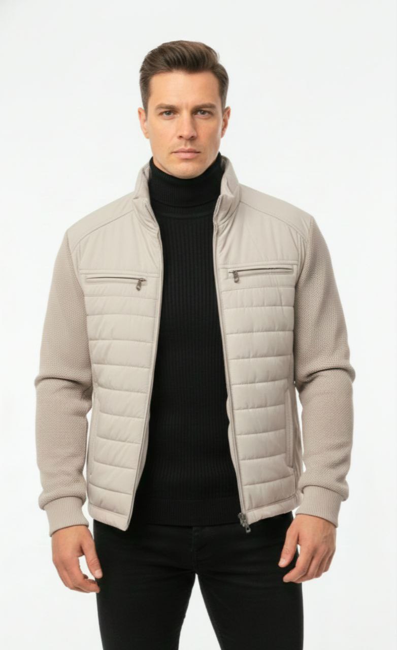 Beige Quilted Bomber Jacket with Knitted Sleeves