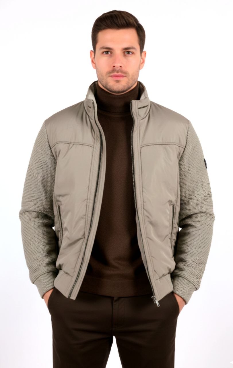 Beige bomber jacket with textured sleeves in beij | Flamingo Fits