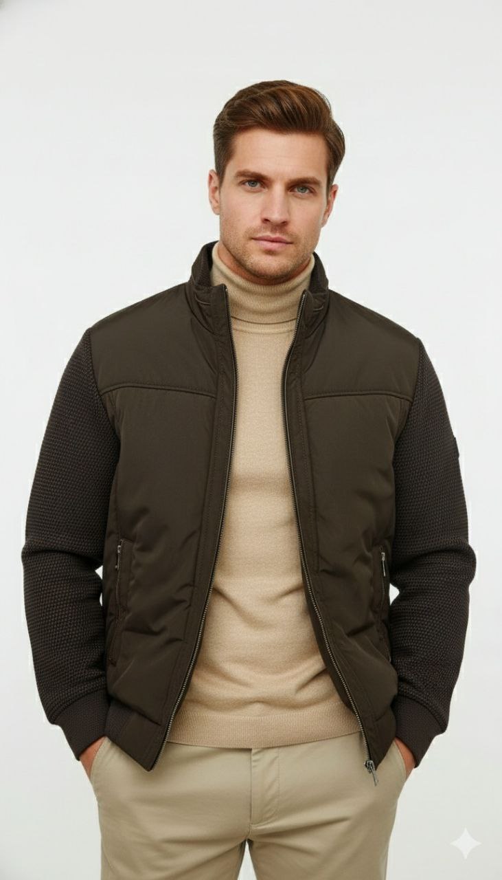 Brown bomber jacket with textured sleeves in brown | Flamingo Fits