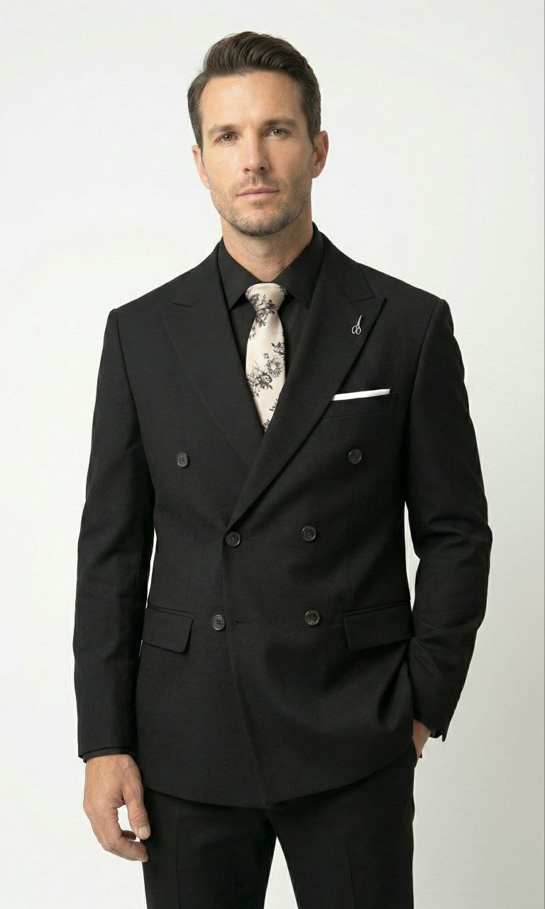 Midnight black double-breasted suit in black | Flamingo Fits