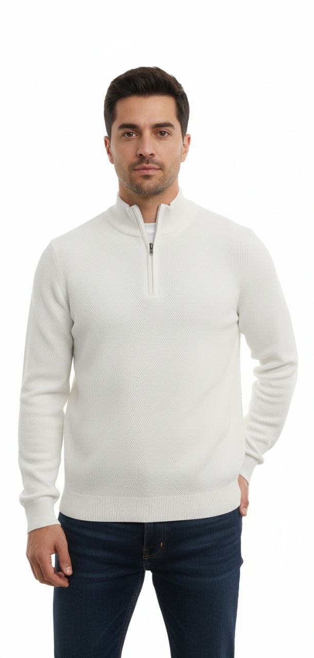 White quarter-zip textured sweater in white | Flamingo Fits