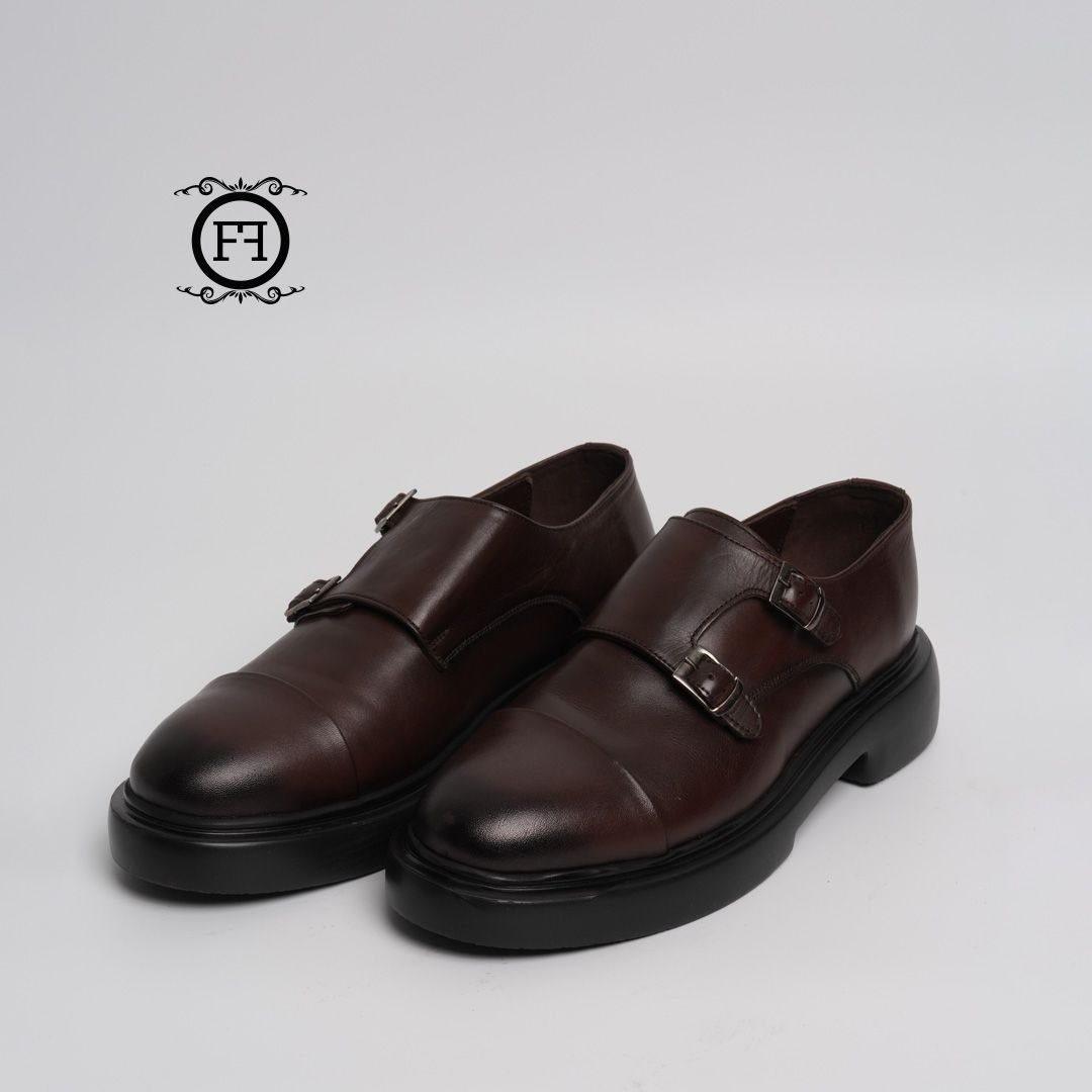 Brown leather double monk classic shoes in brown | Flamingo Fits