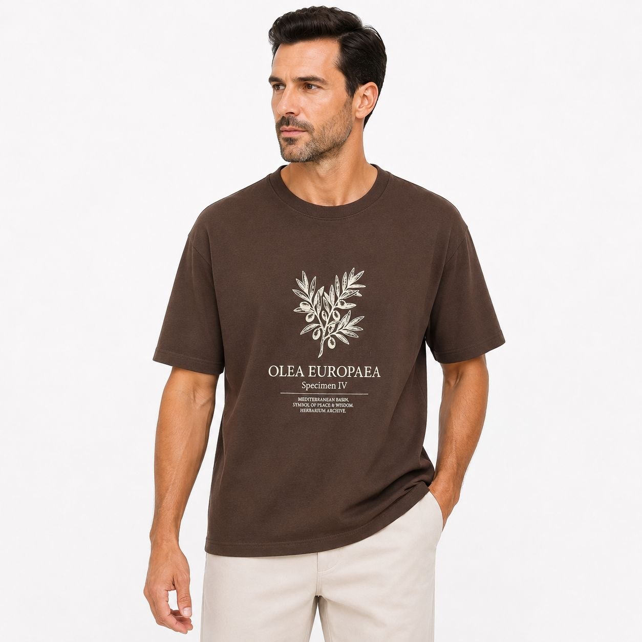Brown olea europaea graphic tshirt in brown | Flamingo Fits