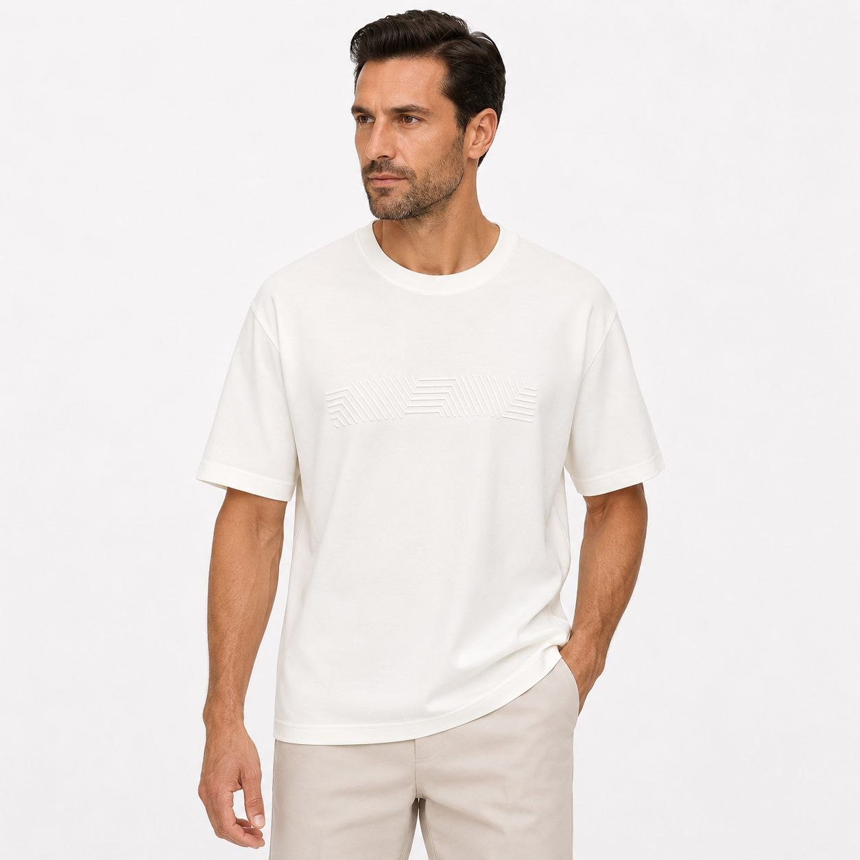 White geometric graphic crewneck tshirt in white | Flamingo Fits