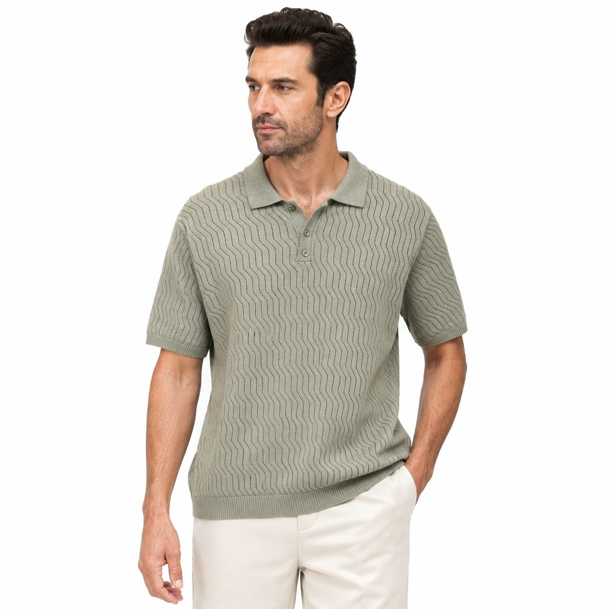 Olive zigzag textured sweater polo in olive | Flamingo Fits