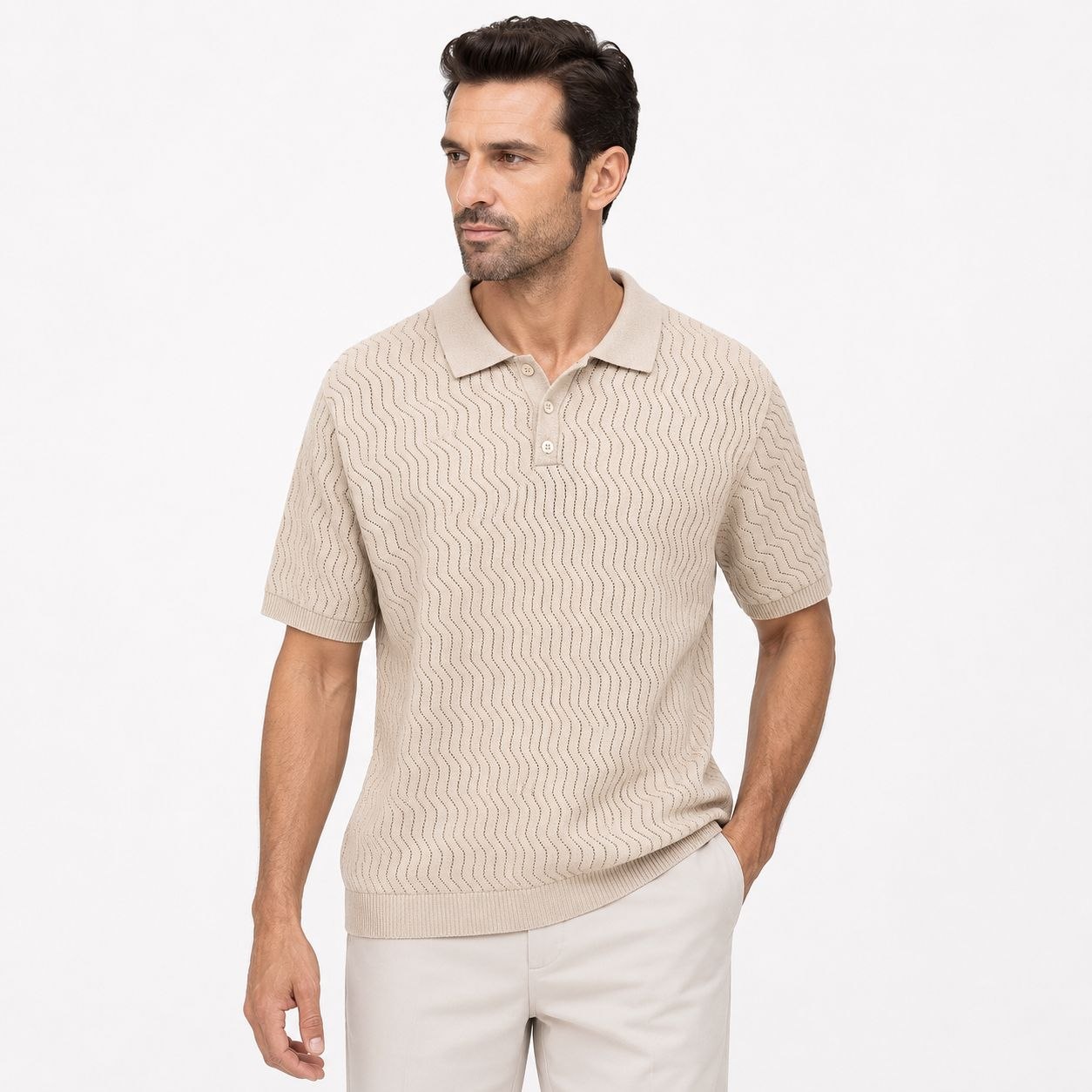 Beige zigzag textured sweater polo in beige | Flamingo Fits