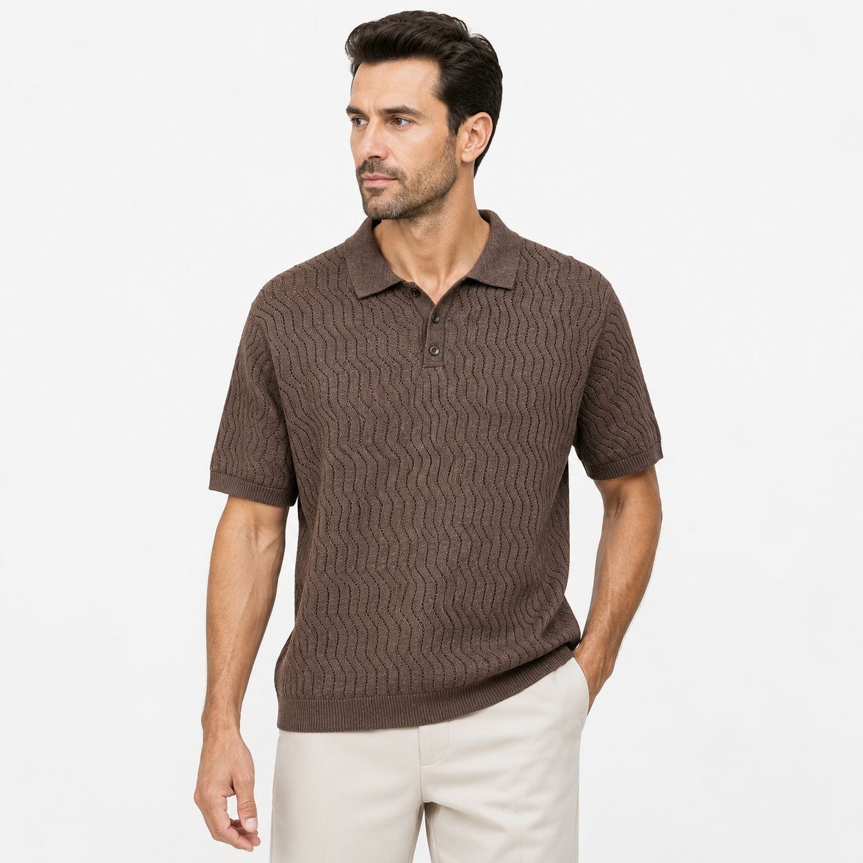Brown zigzag textured sweater polo in brown | Flamingo Fits