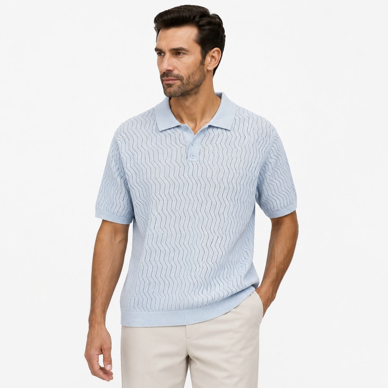 Blue zigzag textured sweater polo in blue | Flamingo Fits