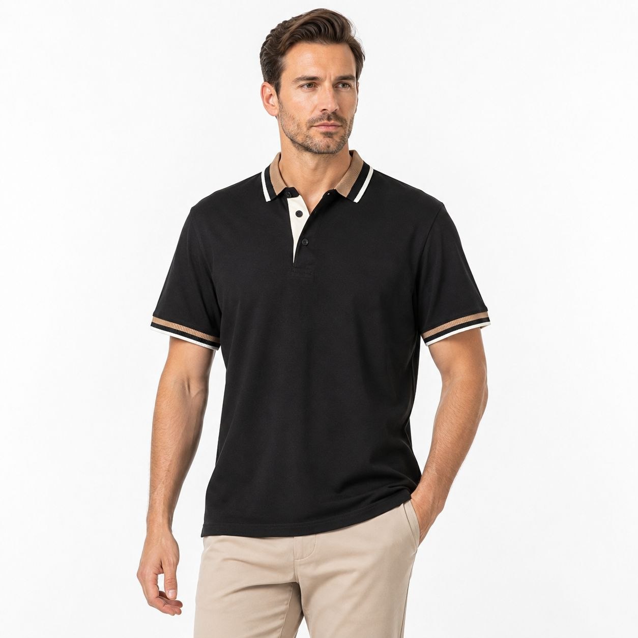 Black tipped heritage polo tshirt in black | Flamingo Fits