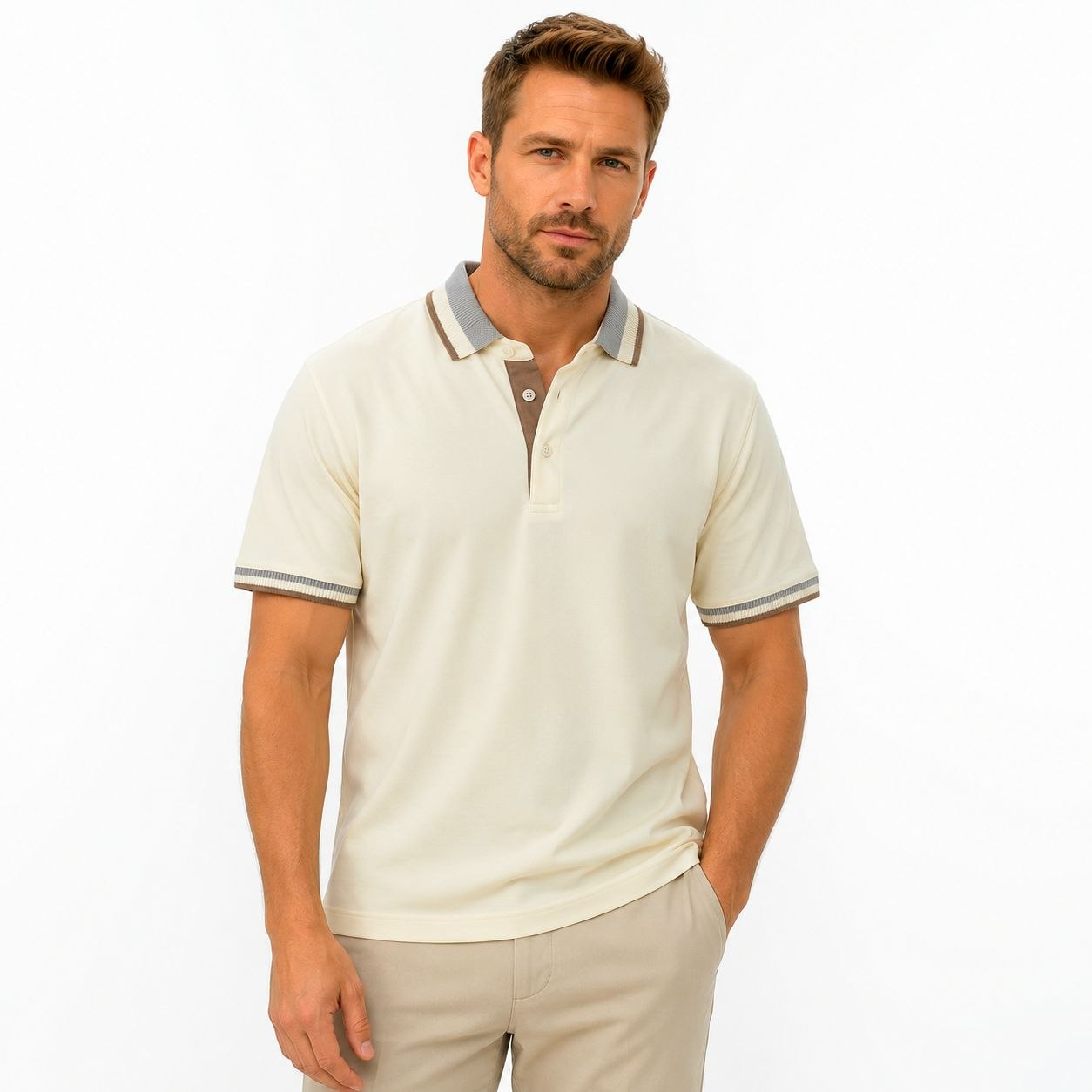 Off-white tipped heritage polo tshirt in off white | Flamingo Fits