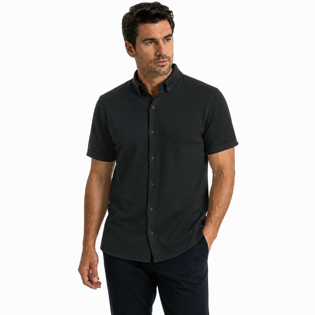 Black breathable weave polo shirt in black | Flamingo Fits