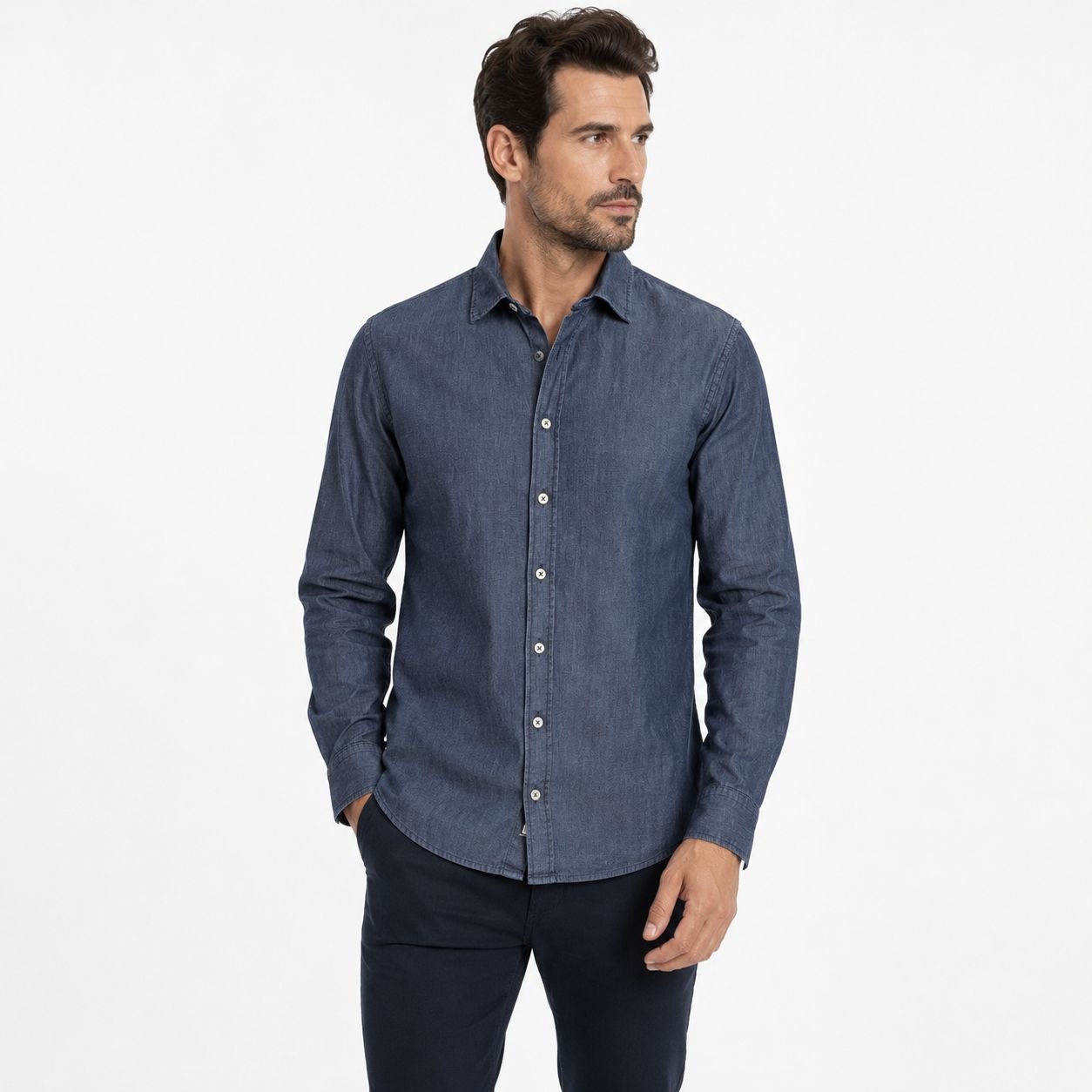 Plain dark denim shirt in dark denim | Flamingo Fits