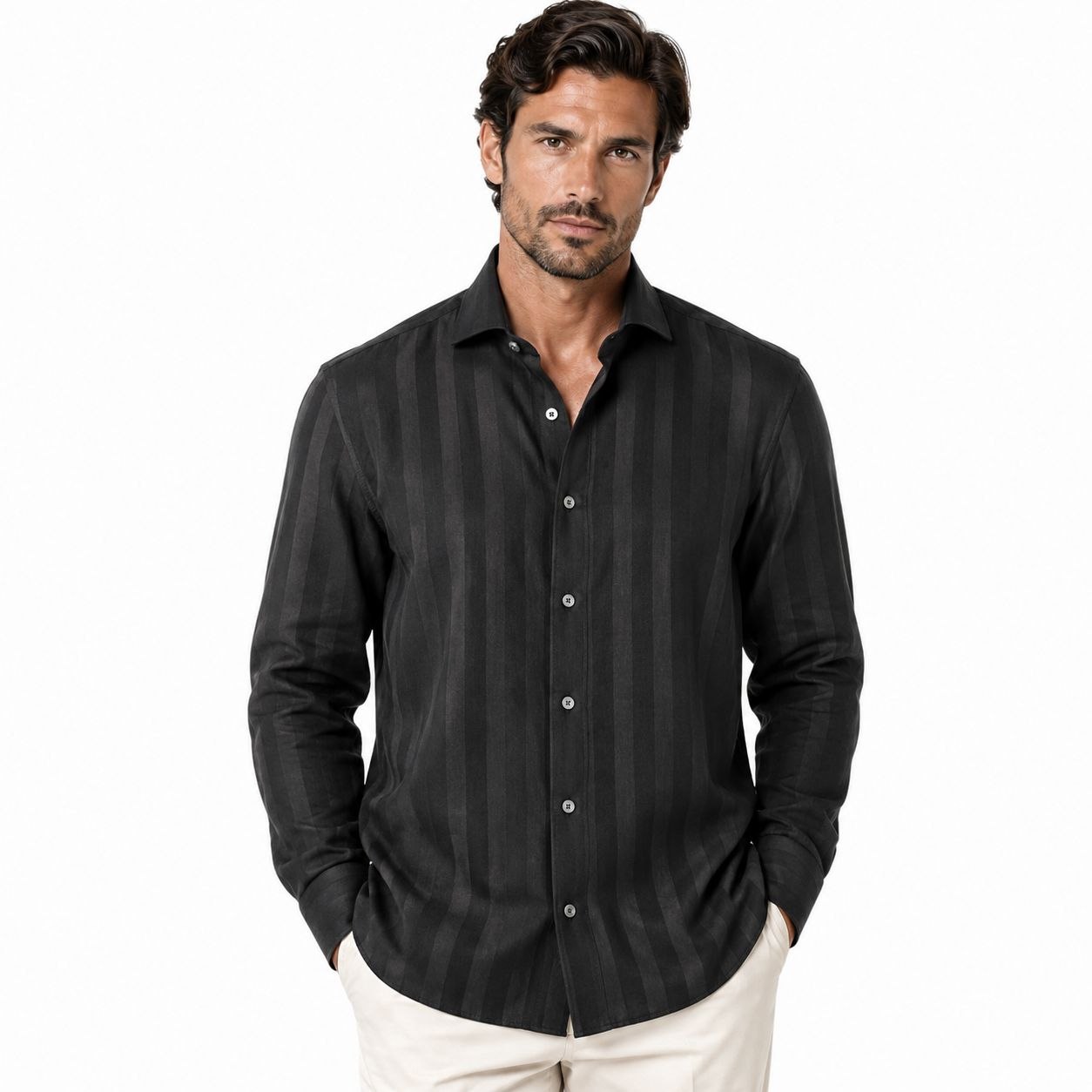 Black midnight shadow-stripe shirt in black | Flamingo Fits