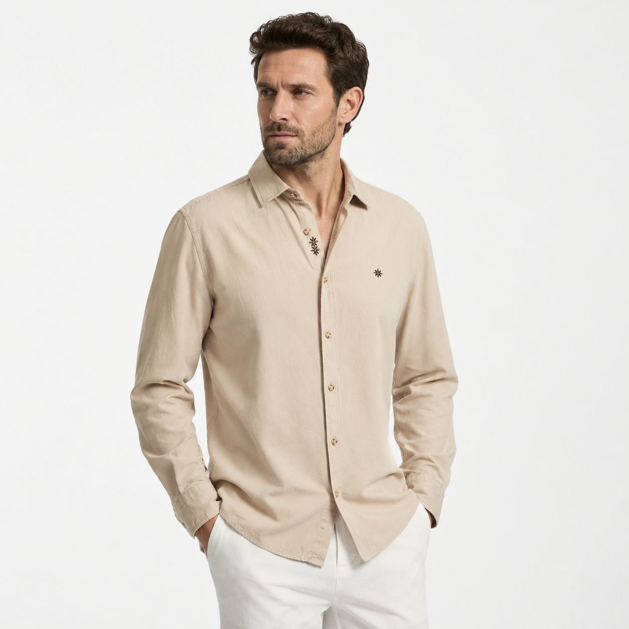 Beige celestial embroidered shirt in beige | Flamingo Fits