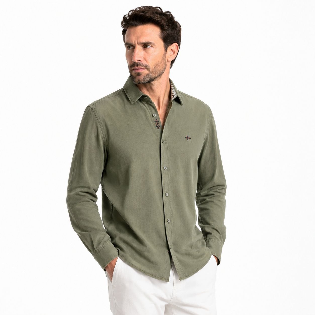 Olive celestial embroidered shirt in olive | Flamingo Fits