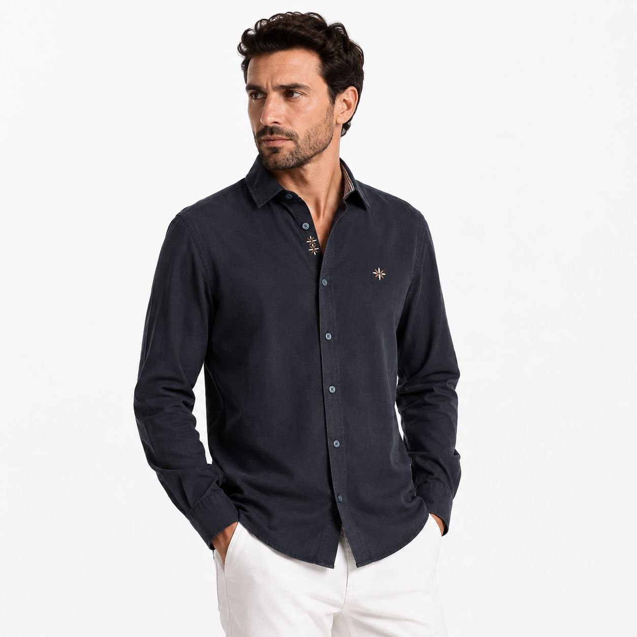 Navy celestial embroidered shirt in navy | Flamingo Fits