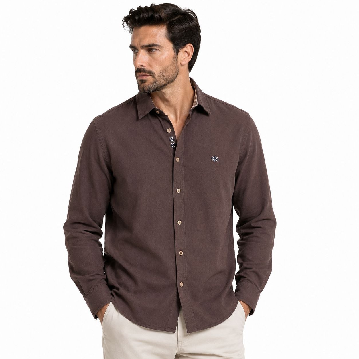 Brown celestial embroidered shirt in brown | Flamingo Fits