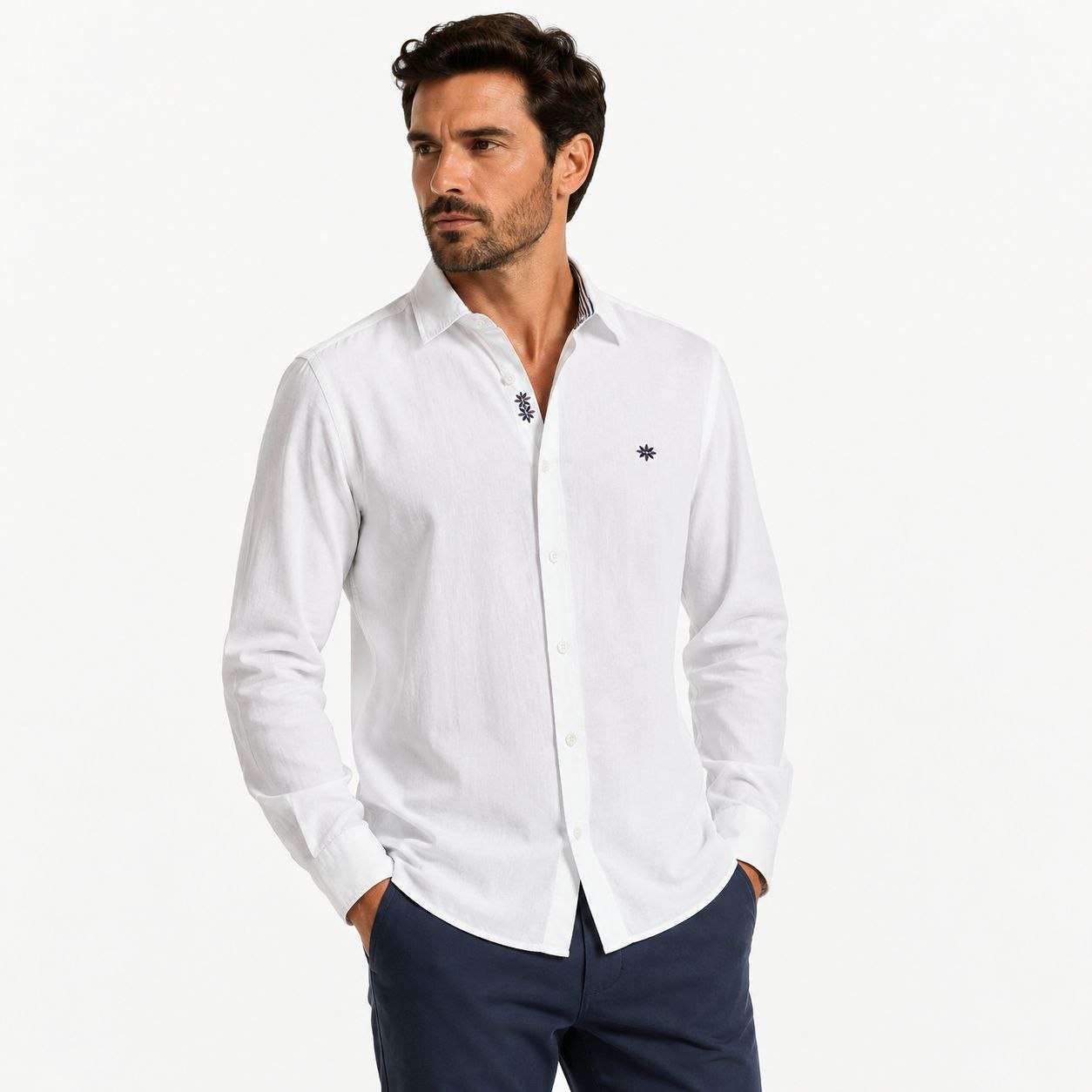 White celestial embroidered shirt in white | Flamingo Fits