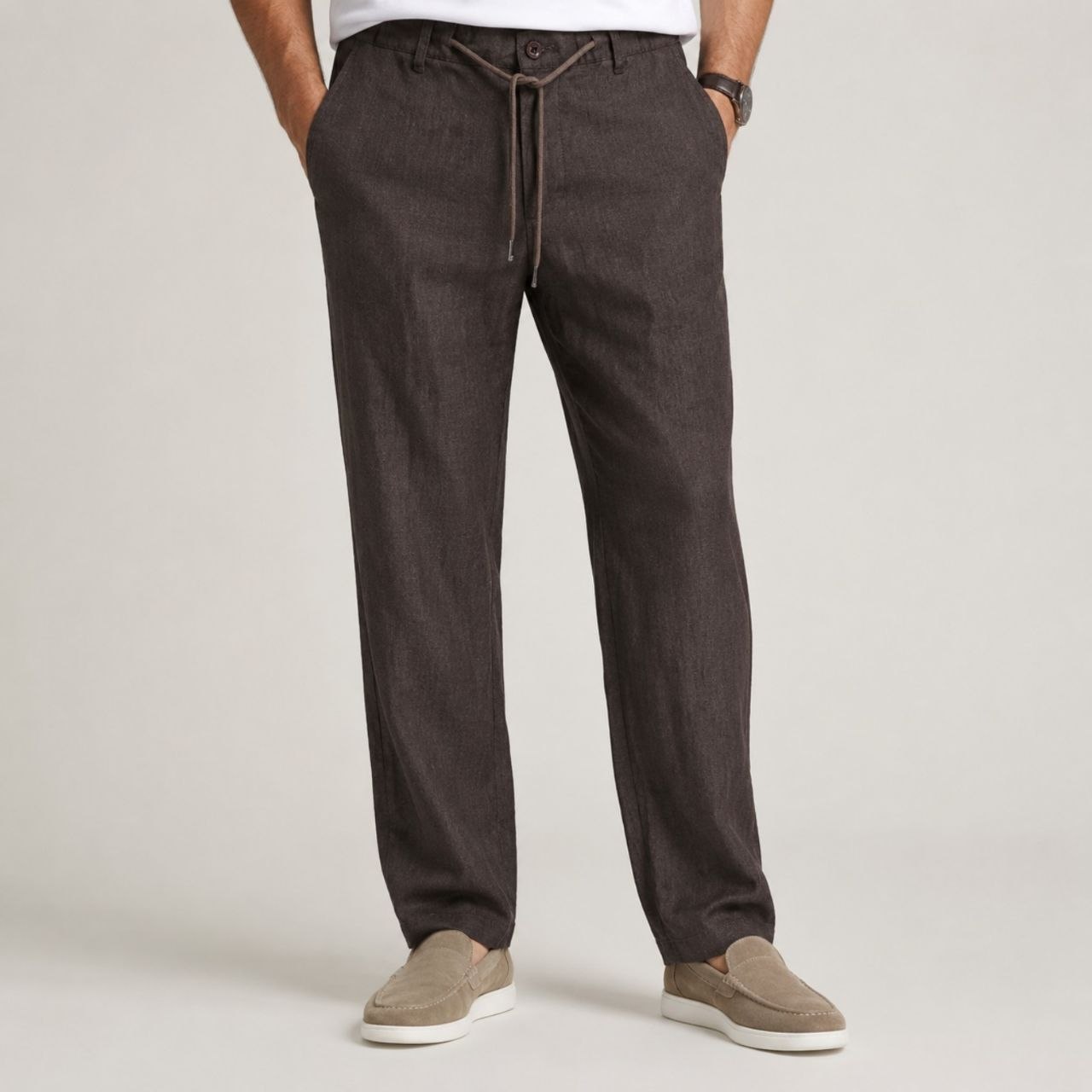 Brown portofino linen regular fit trouser in brown | Flamingo Fits
