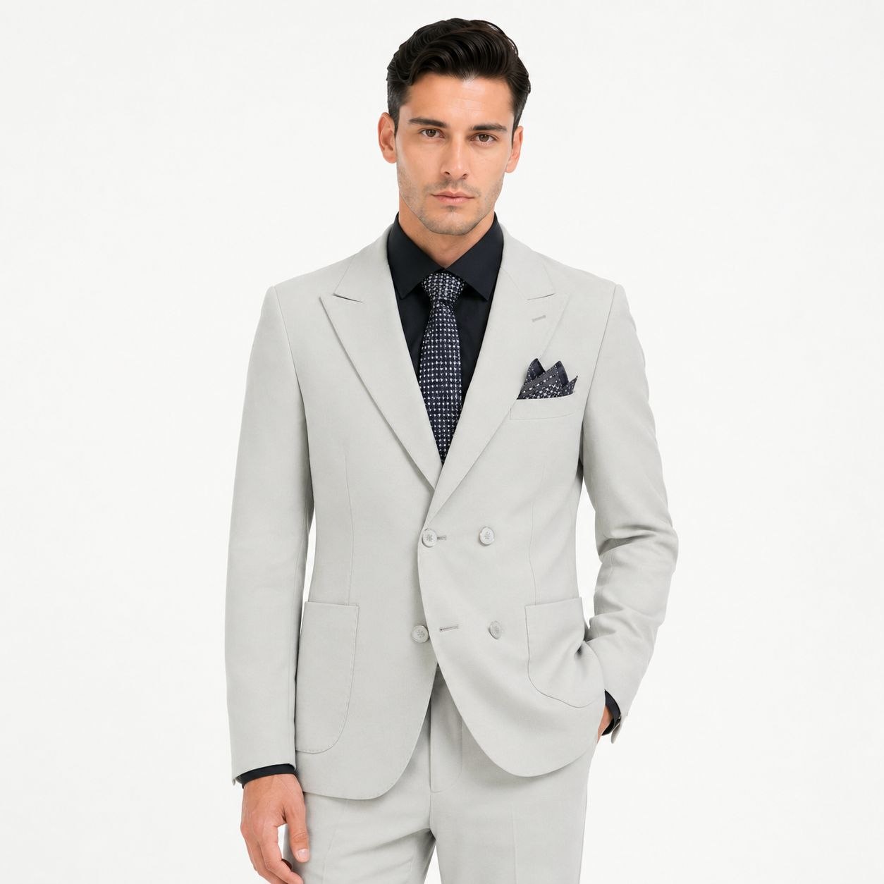 Light grey prestige double-breasted suit in LIGHT GREY | Flamingo Fits