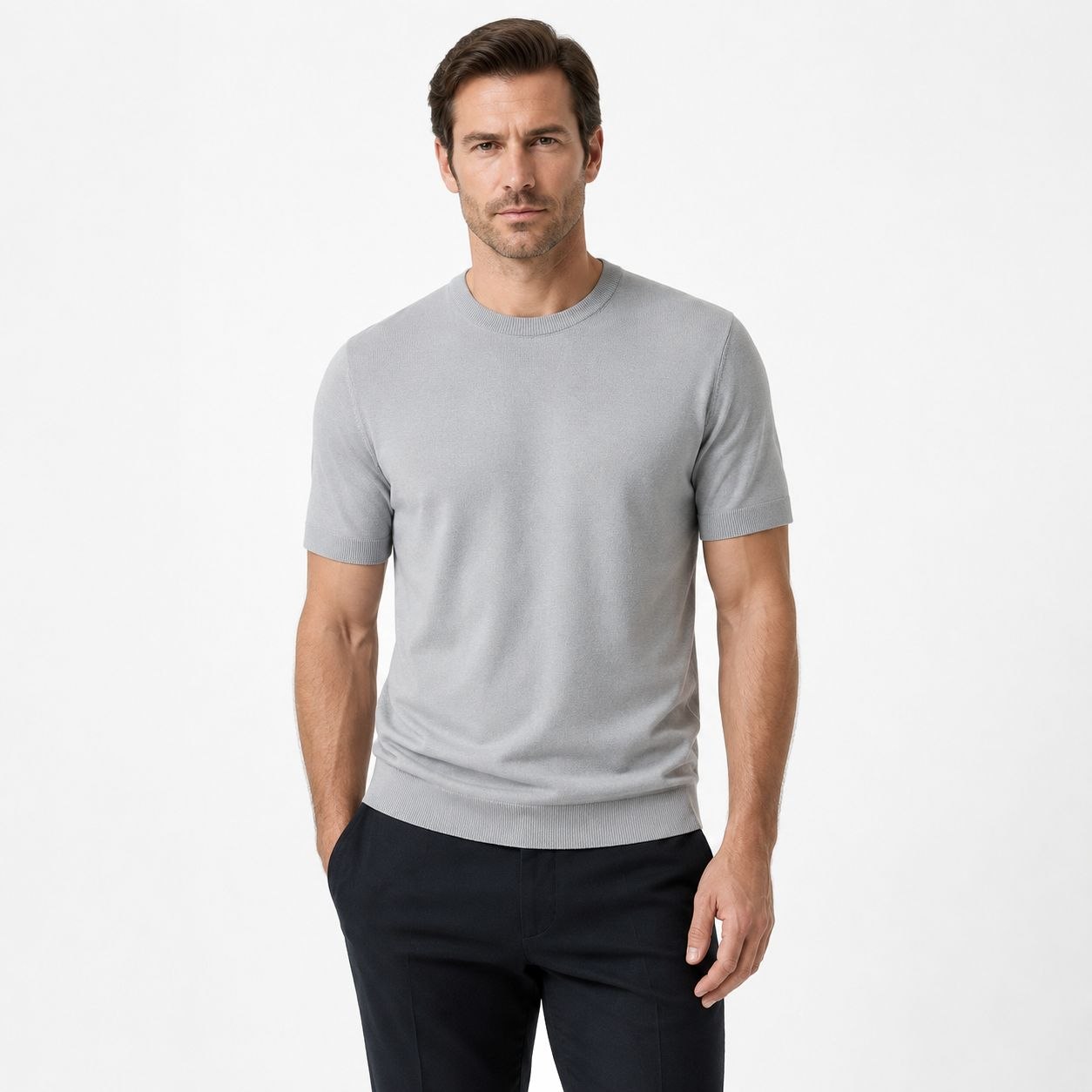 Grey basic fine knit round neck tshirt in grey | Flamingo Fits