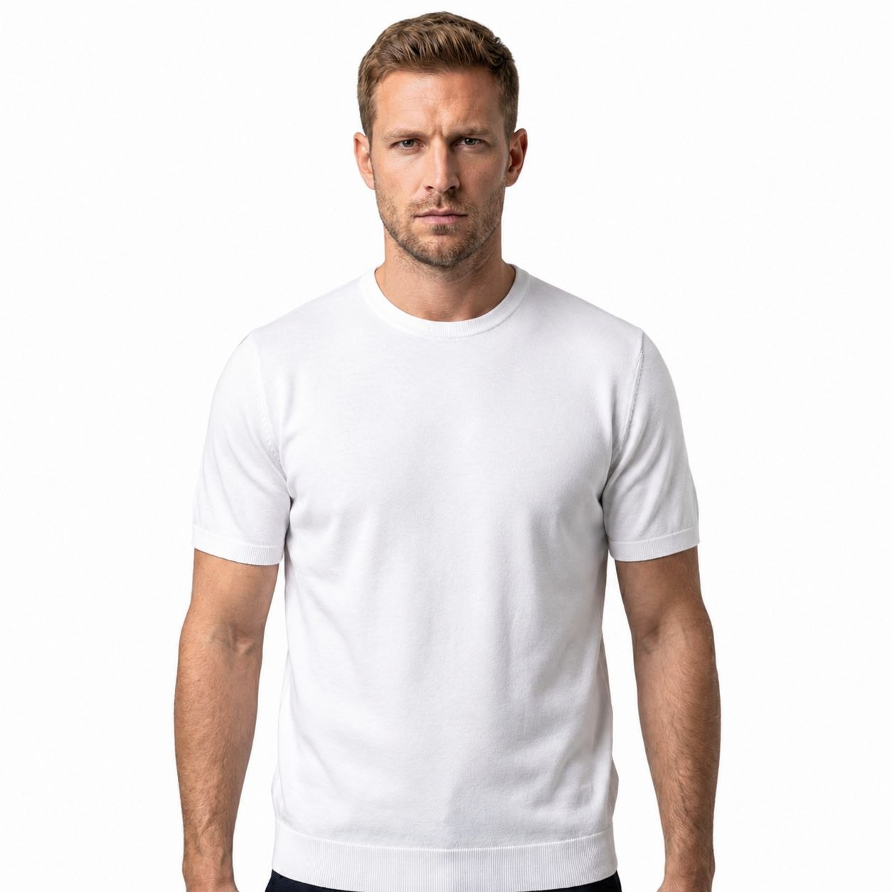 White  basic fine knit round neck tshirt in white | Flamingo Fits