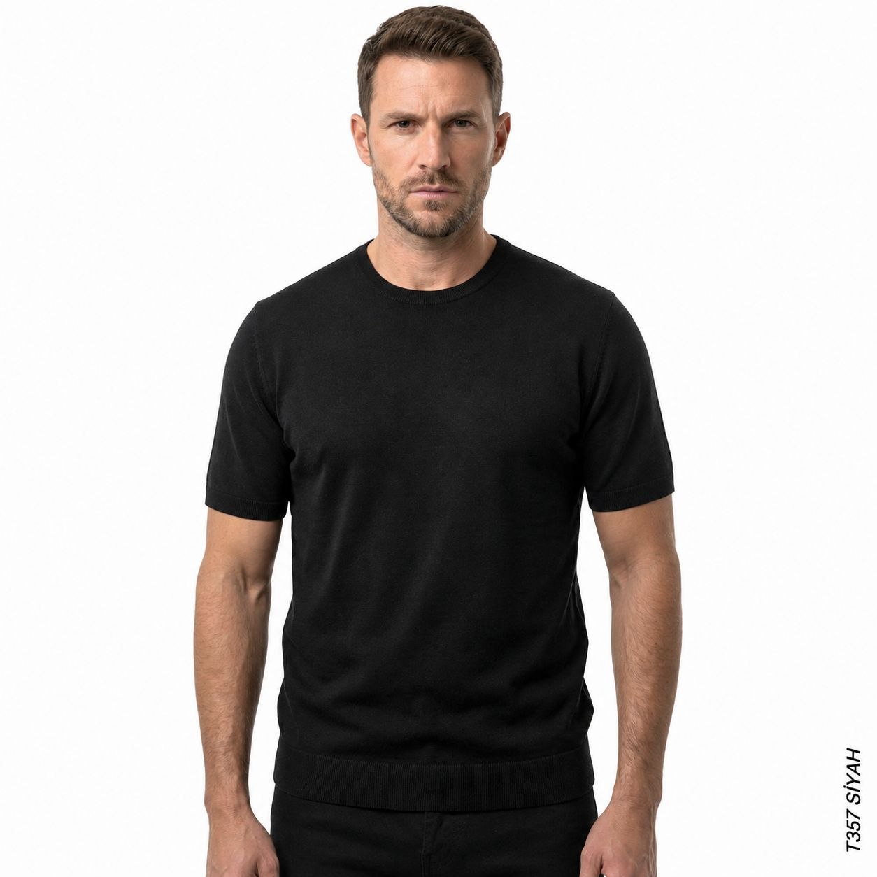 Black basic fine knit round neck tshirt in black | Flamingo Fits