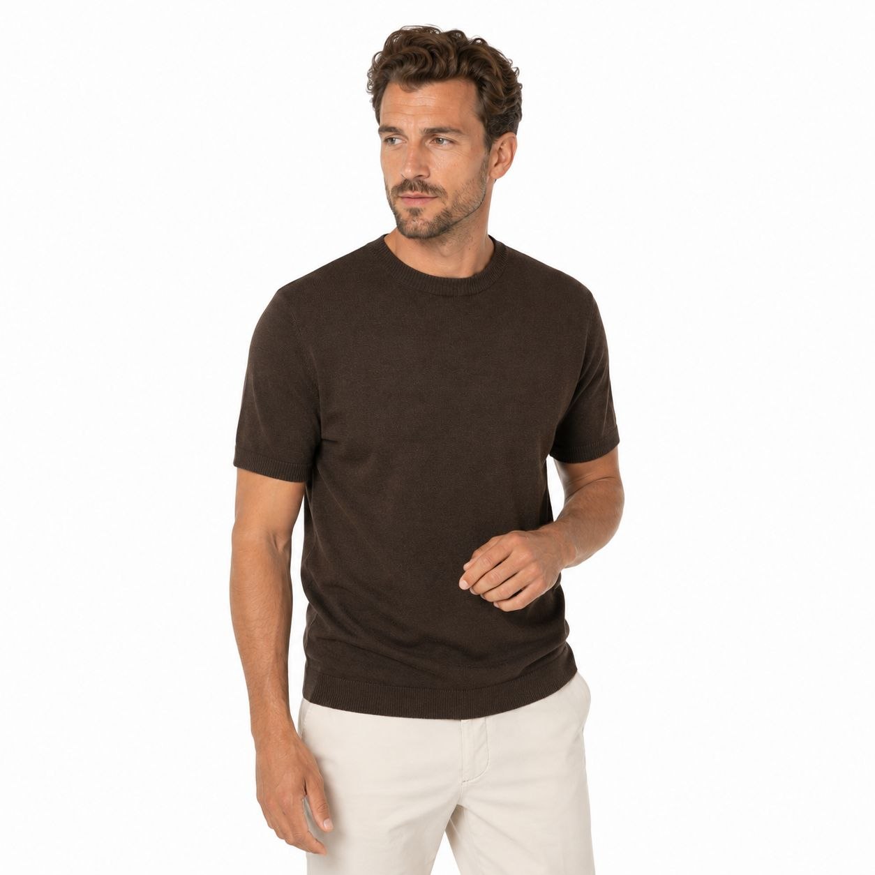 Brown basic fine knit round neck tshirt in brown | Flamingo Fits