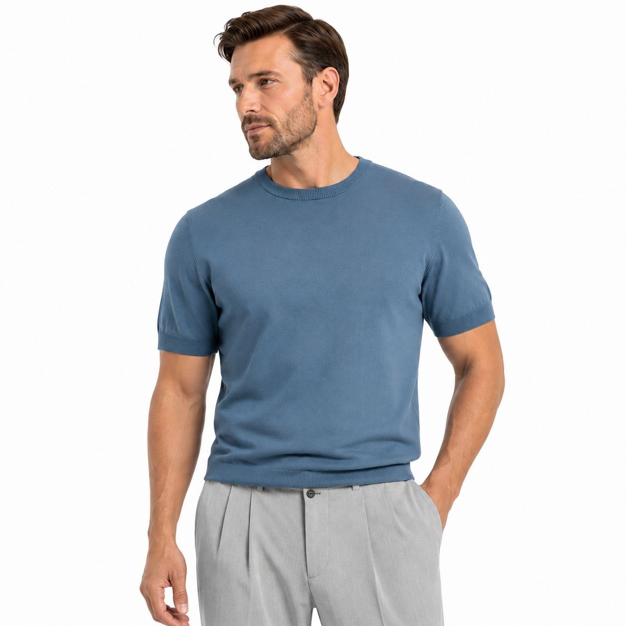 Indigo basic fine knit round neck tshirt in indigo | Flamingo Fits