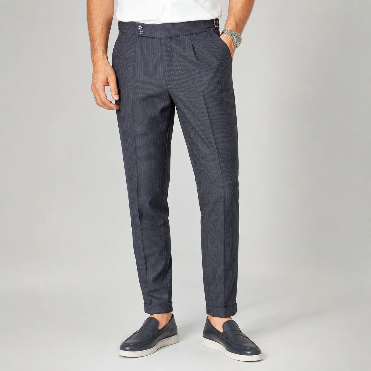 Navy monaco stripe formal trouser in navy | Flamingo Fits