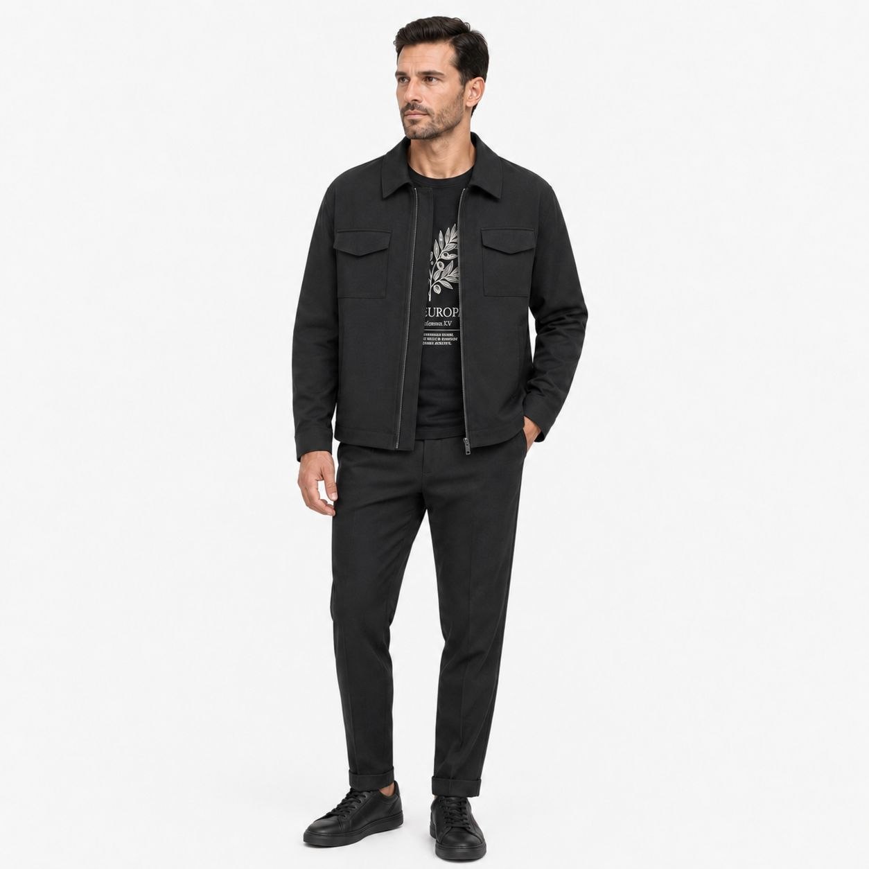 Black executive zip-up tailored set in black | Flamingo Fits