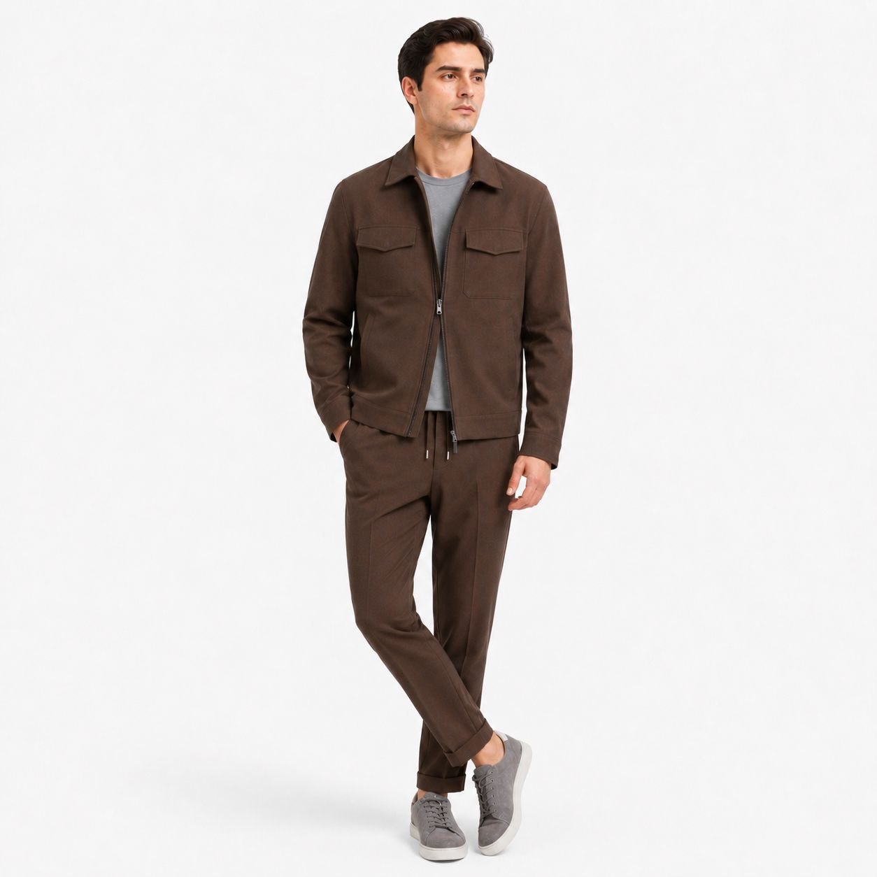 Brown executive zip-up tailored set in brown | Flamingo Fits