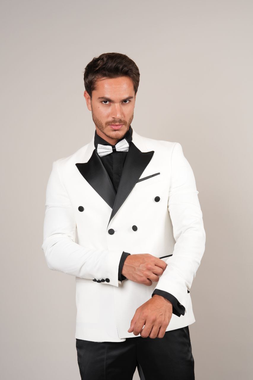double breasted white stretch tuxedo