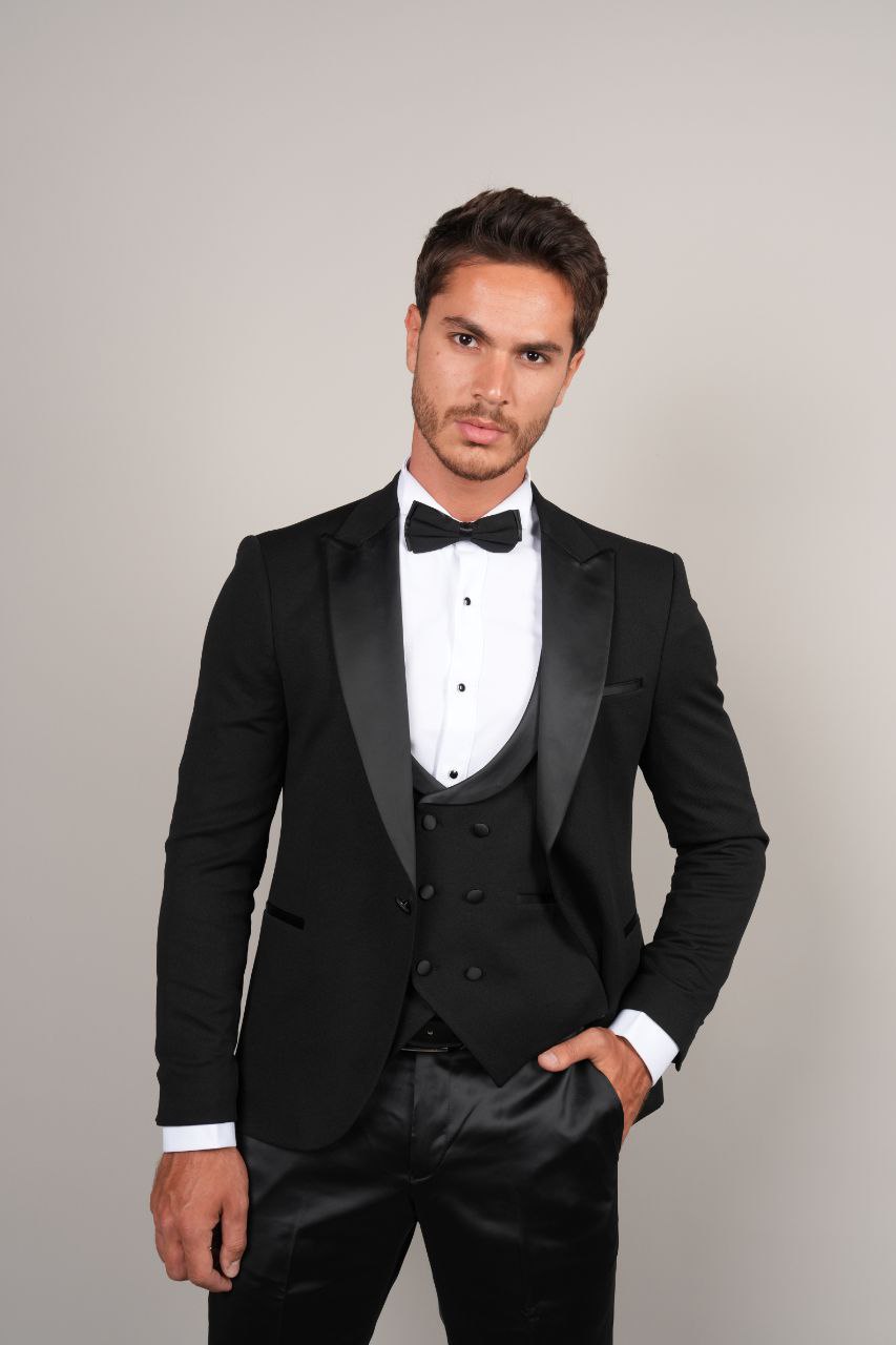One Buttoned Black Hacket Tuxedo