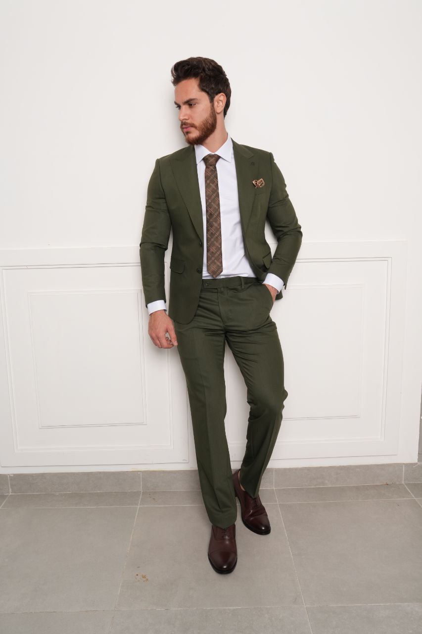 Olive Green Hopsack Two-Pieces Suit