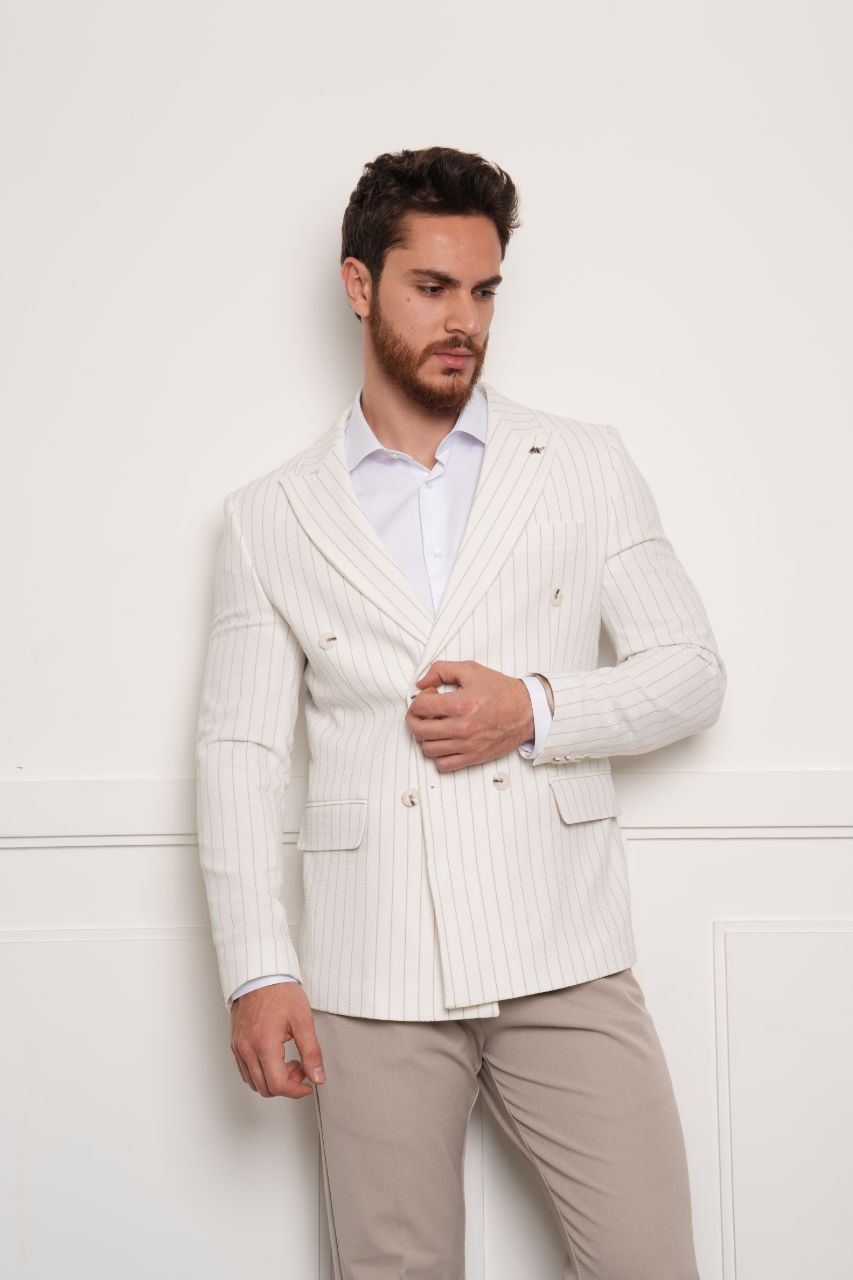 Marko pinstripe white double-breasted blazer in white | Flamingo Fits