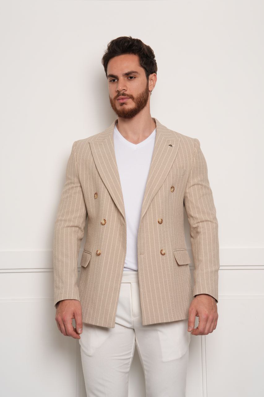 Marko pinstripe beige double-breasted blazer in beij | Flamingo Fits