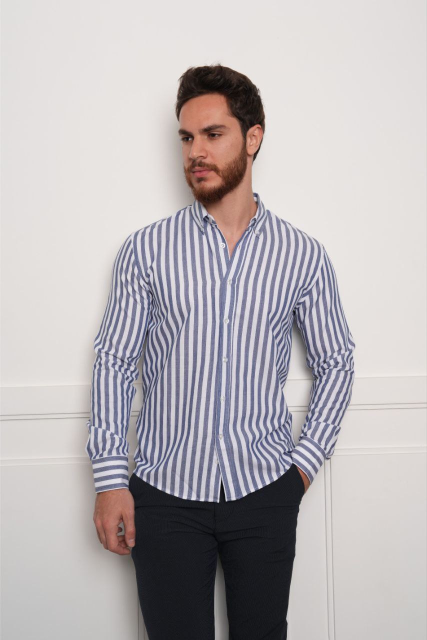 Navy stripped cotton shirt in navy | Flamingo Fits