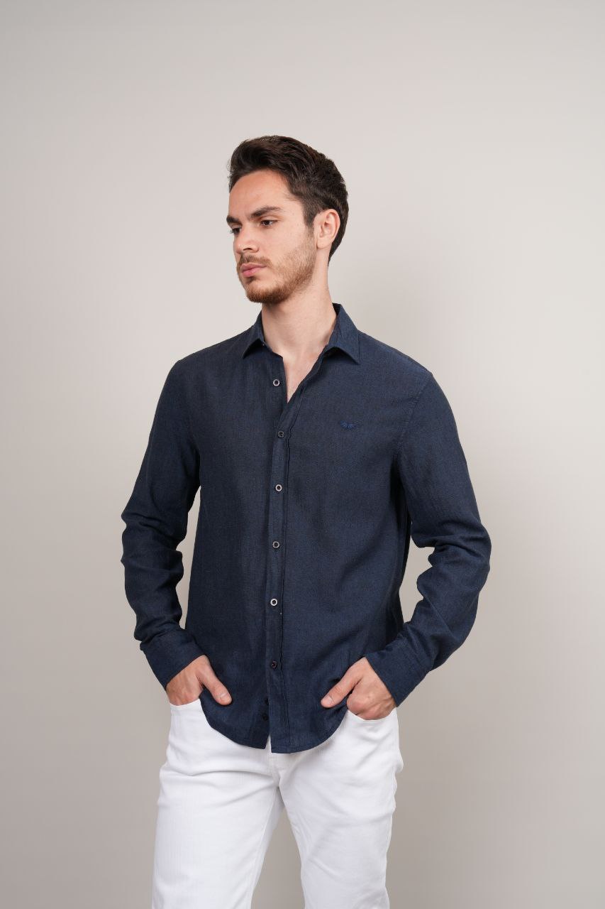 Navy plain linen shirt in navy | Flamingo Fits