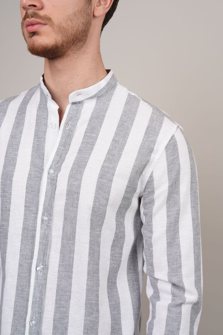 Grey stripped mandarin linen shirt in grey | Flamingo Fits