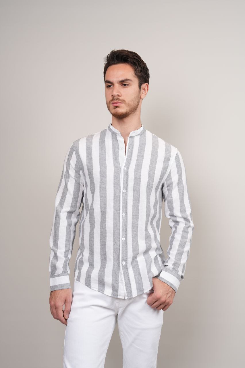 Blue stripped mandarin linen shirt in blue | Flamingo Fits
