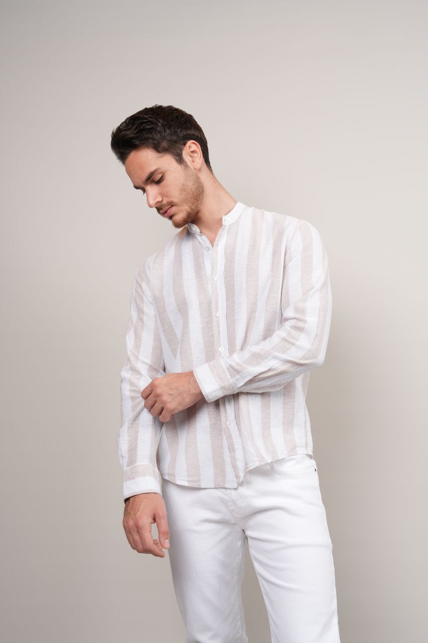 beige stripped mandarine linen shirt