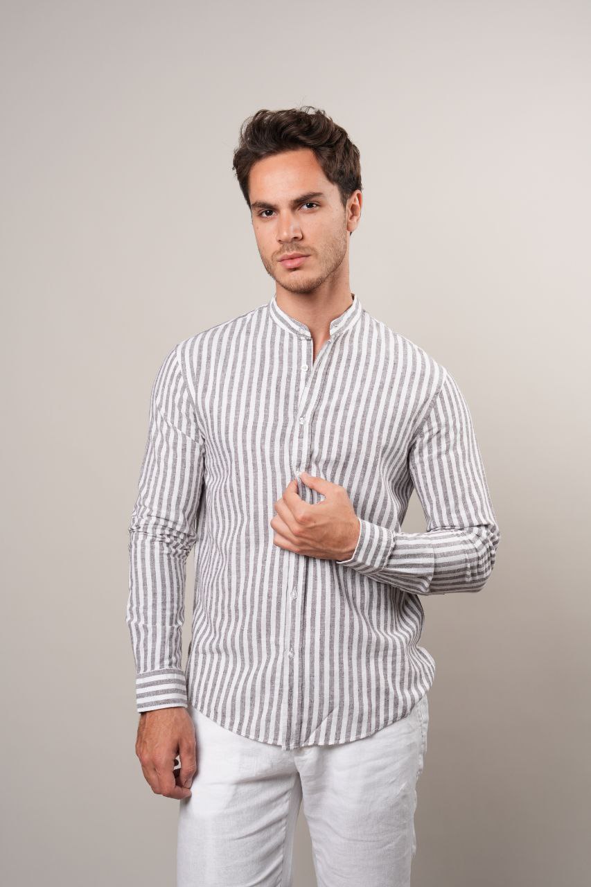 Brown stripped mandarin linen shirt in brown | Flamingo Fits