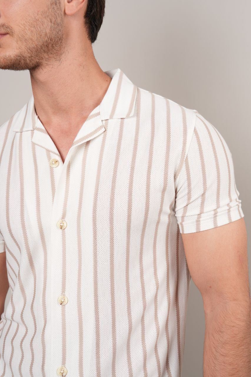 WHITE ZALORA BEIGE STRIPES SHORT SLEEVE SHIRT