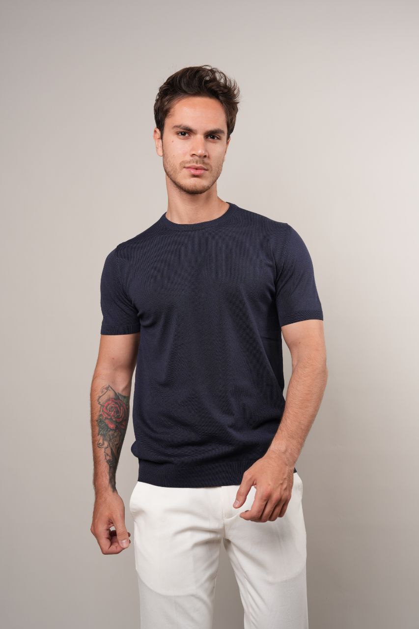 NAVY  BASIC FINE KNIT ROUND NECK TSHIRT