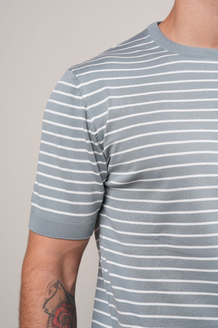 Blue striped pima crew neck in blue | Flamingo Fits
