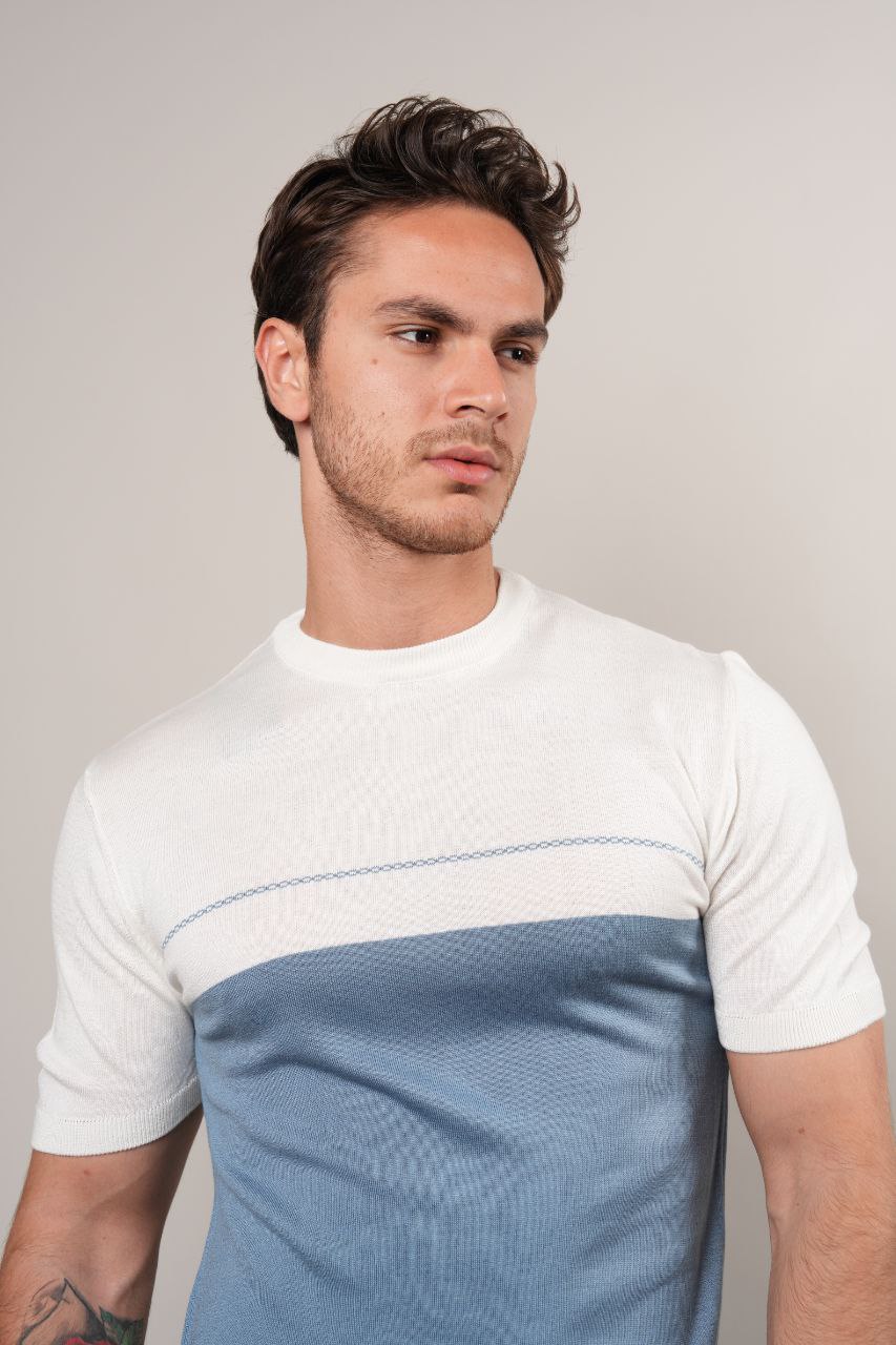 Blue half way knit round neck tshirt in blue | Flamingo Fits