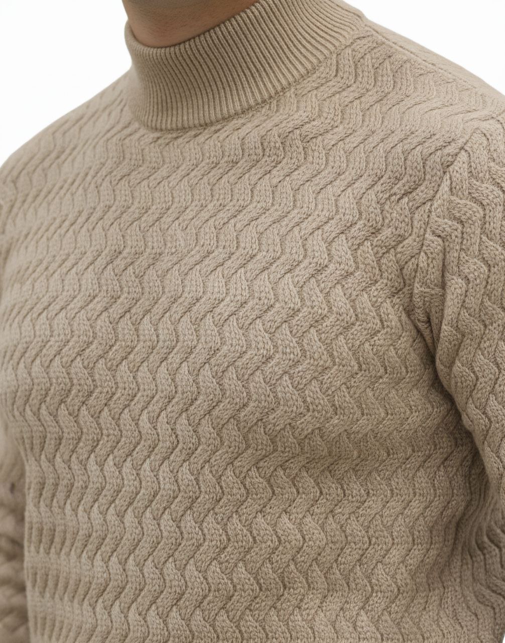 Beige Cable-Wool High-Neck Sweater