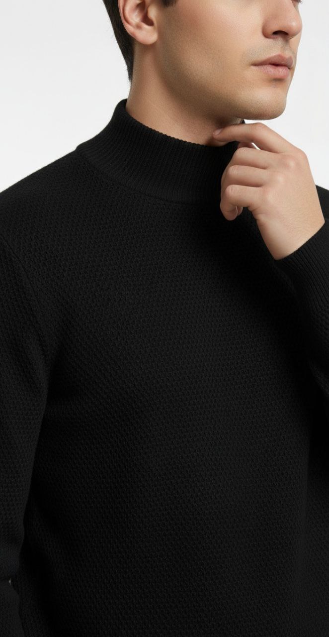 Black High-Neck Textured Sweater